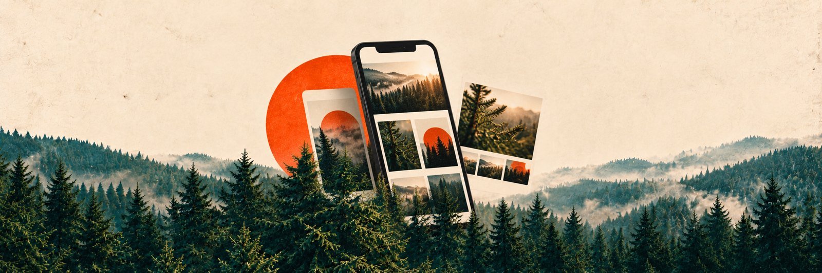 Celular y composiciones de contenido para redes flotando entre abetos, sobre fondo crema y un círculo naranja.