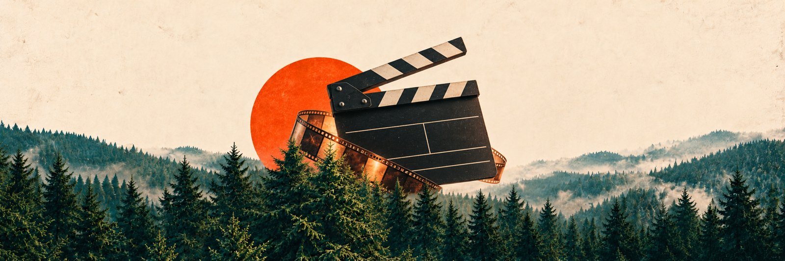 Claqueta cinematográfica y película entre abetos, en una composición editorial crema, naranja y verde.